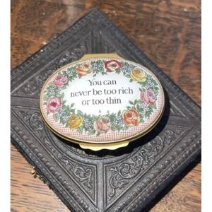 Halcyon Days Enamel Oval Trinket Box Floral You Can Never Be Too Rich Or Thin